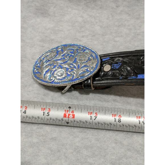 Vintage Black Leather Belt Embossed Pattern Floral Silver Blue Buckle‎ Betty 28" - Picture 4 of 9